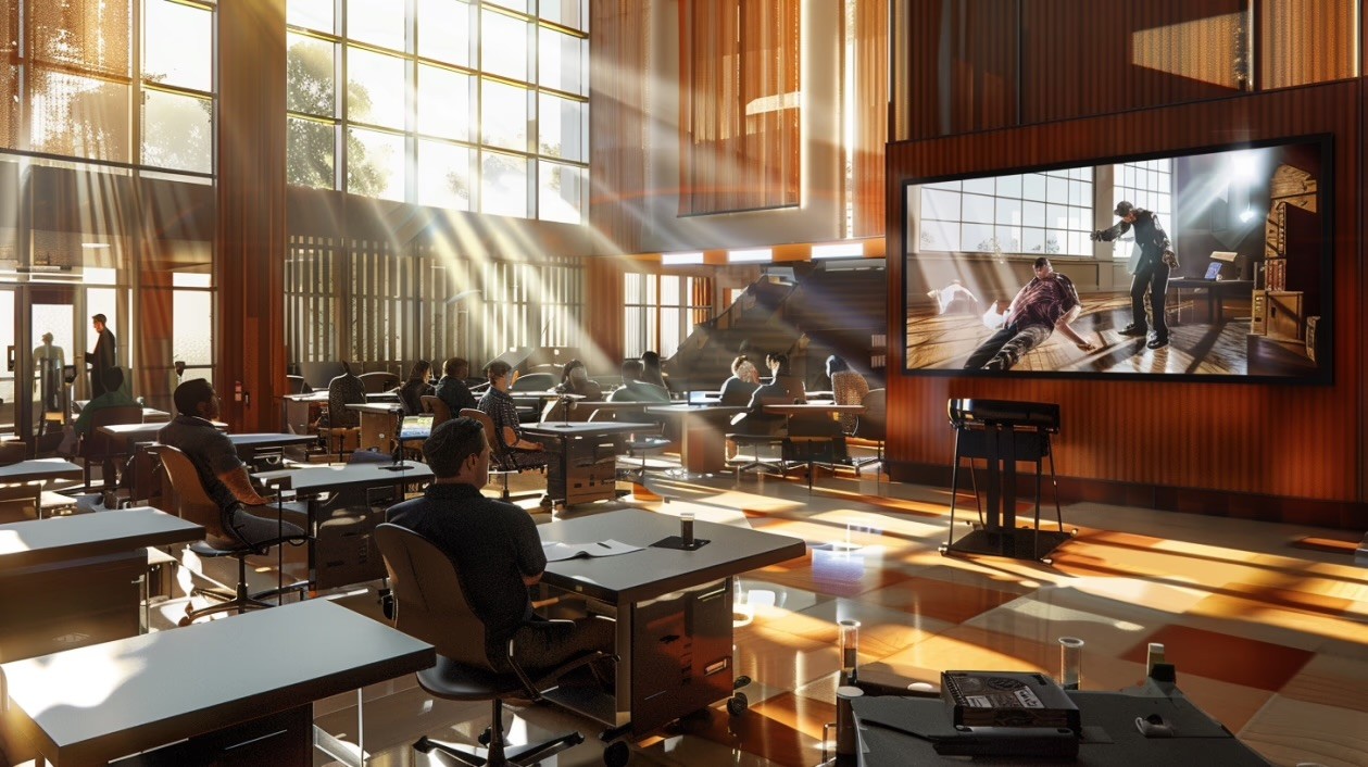 Sunlit classroom with rows of desks at the Herndon training venue